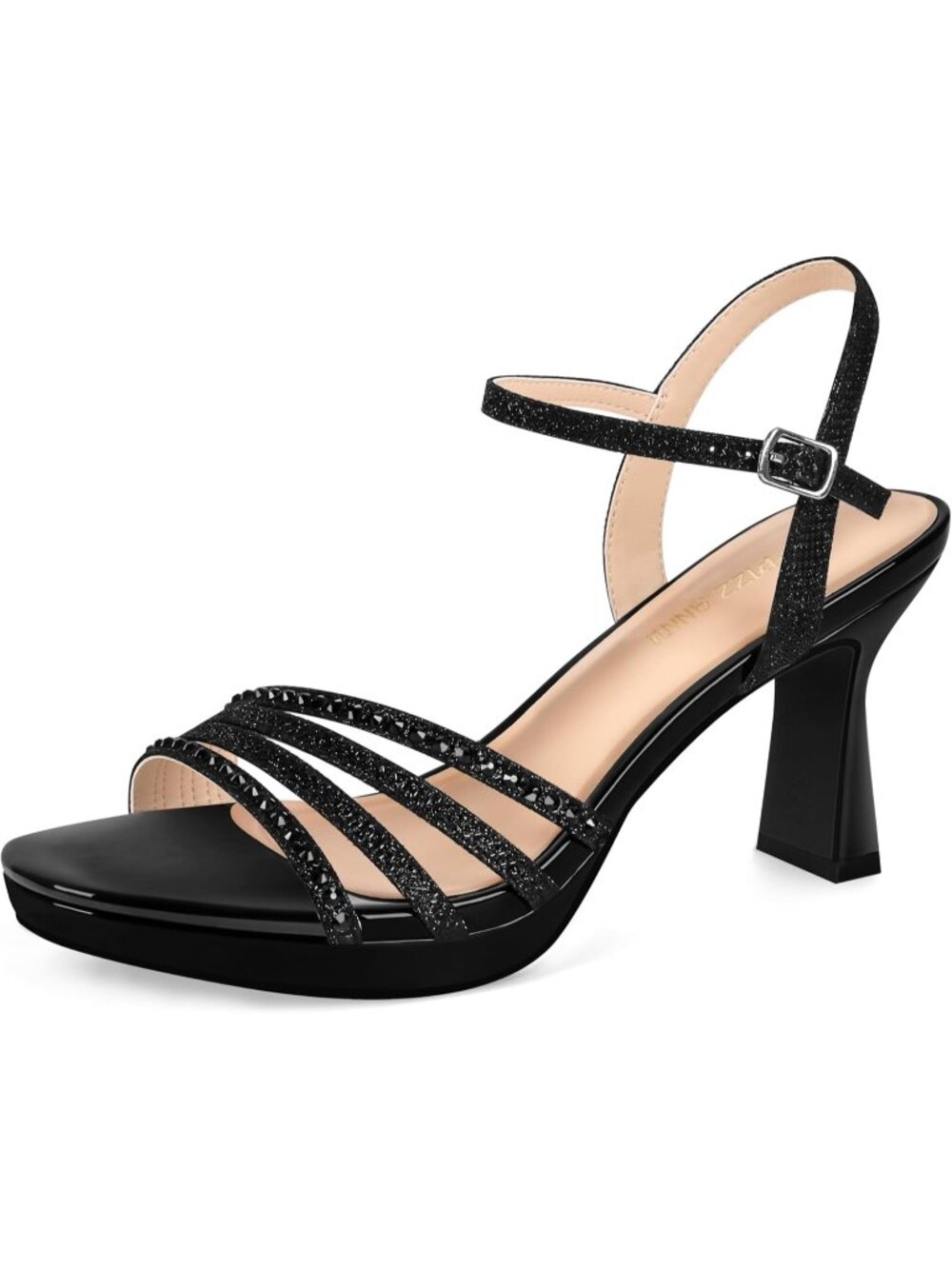 Women's Black Platform Heels High Block Chunky Sparkly Rhinestone Open Toe